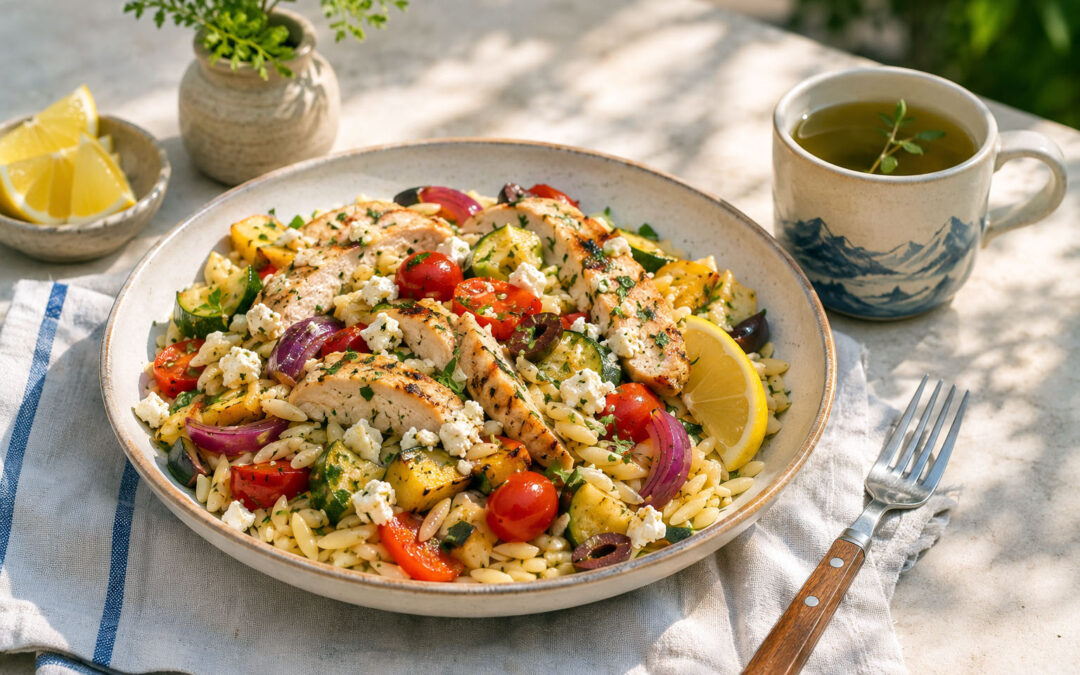 Roasted Summer Vegetable Orzo with Lemon Chicken and Feta