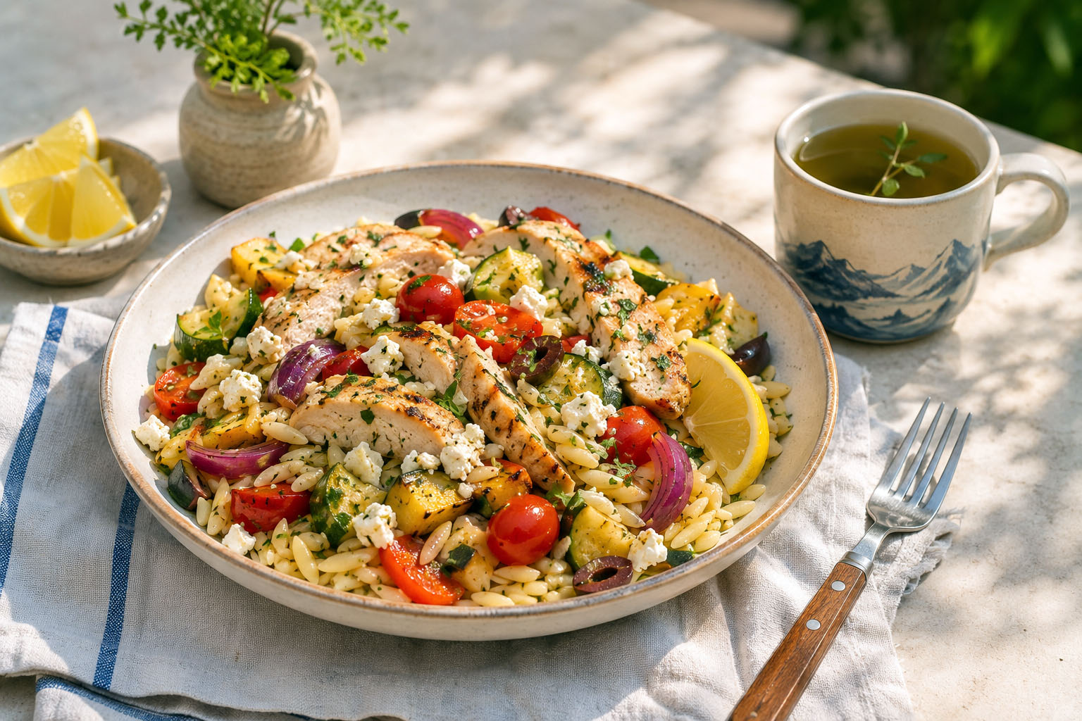 Roasted Summer Vegetable Orzo with Lemon Chicken and Feta + Greek Mountain Tea