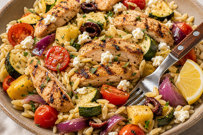 Roasted Summer Vegetable Orzo with Lemon Chicken and Feta Roasted Summer Vegetable Orzo with Lemon Chicken and Feta